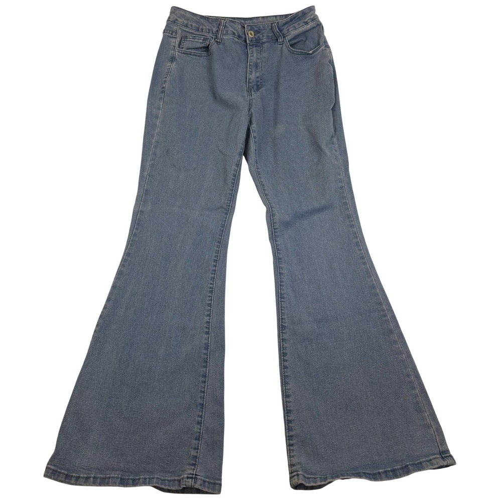 Womens Light Wash Flare Jeans Bell Bottom Stretch Denim Size L Mid Rise